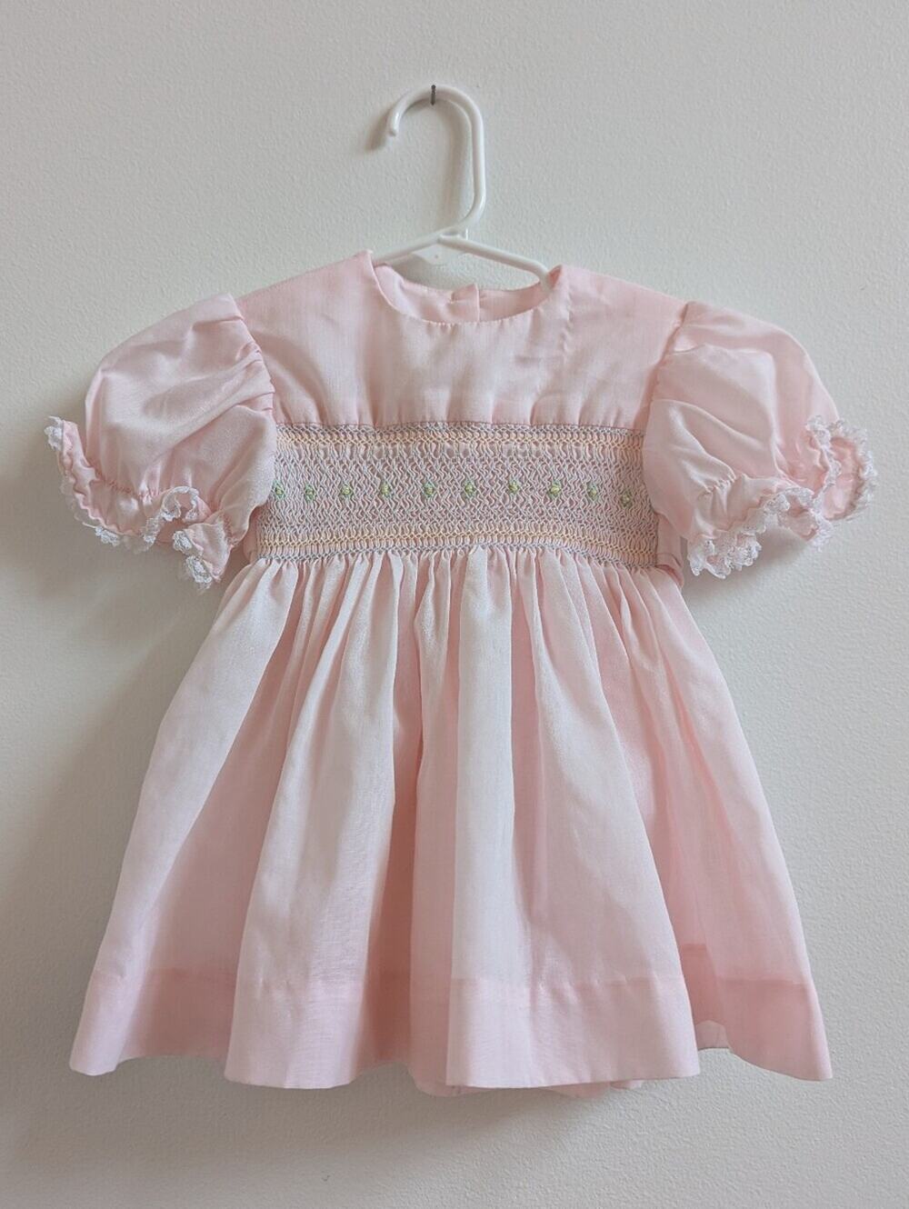 Vtg Handmade Smocked Dress 12m Pink Dainty